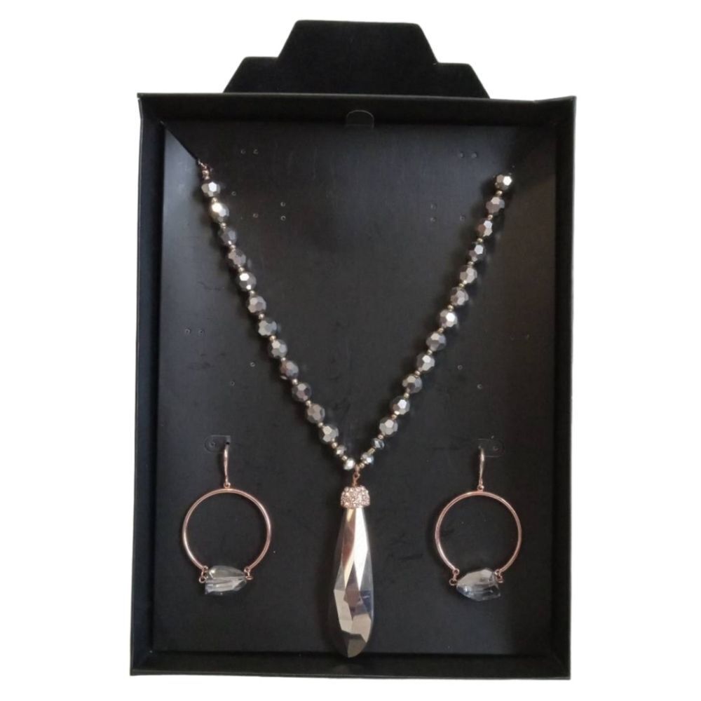 Rose Gold Metal Teardrop Pendant Beaded Statement Necklace and Hoop Earring Set